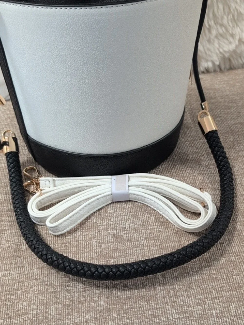 Bucket Two-Tone Drawstring Bucket Bag - Black & White Brand New